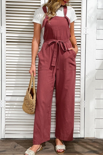 summer new solid color micro-elastic strappy lace up pockets stylish casual overalls(only overall & with belt)