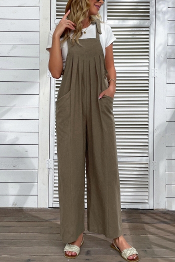 summer new solid color inelastic strappy shirring pocketrs stylish causal overalls(only overalls)