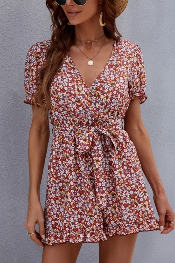 summer new floral batch printing inelastic short sleeve v-neck lace up frill trim stylish casual playsuit(with belt)