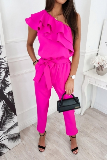 summer new stylish five colors solid color one shoulder ruffle decor lace-up stretch casual jumpsuit
