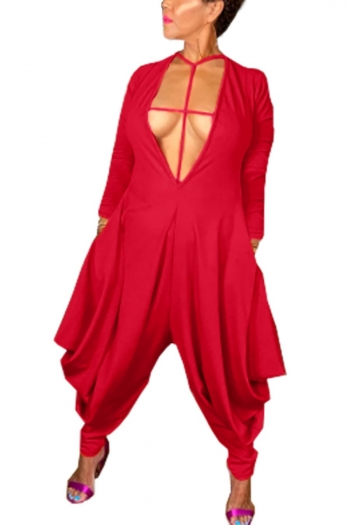 autumn new stylish simple solid color slight stretch deep v plus size loose pocket zip-up sexy jumpsuit