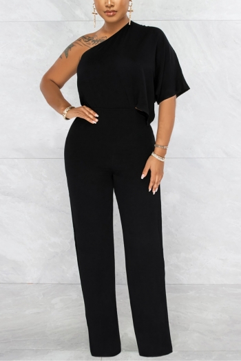 summer new stylish solid color 3 colors plus size slight stretch one shoulder zip-up casual jumpsuit