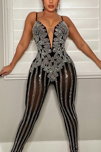 s-2xl plus size summer new 2 colors rhinestone decor mesh patchwork stretch sling zip-up slim stylish high quality sexy jumpsuit