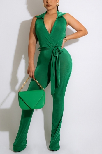 s-2xl plus size summer new 4 colors high stretch halter-neck backless with belt stylish jumpsuit