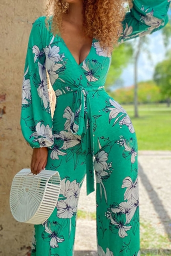 autumn new two colors flower batch printing high stretch v-neck wide-leg zip-up back stylish jumpsuit with belt