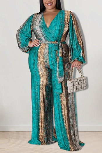 xl-5xl plus size autumn new 5 colors stretch contrast color stripe printing with belt stylish jumpsuit