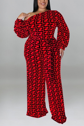 xl-5xl plus size autumn new 6 colors stretch geometric printing off-the-shoulder stylish jumpsuit(with belt)