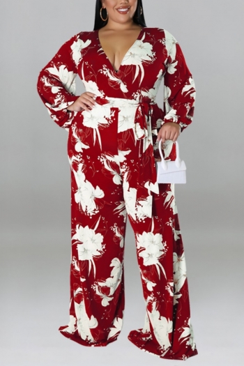 xl-5xl plus size autumn new 5 colors stretch flower printing with belt wide leg stylish jumpsuit