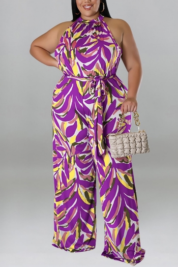 xl-5xl plus size summer new 5 colors stretch leaf printing button hollow pocket stylish jumpsuit(with belt)