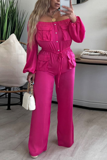 autumn new 7 colors non-stretch single-breasted pocket lace-up off-the-shoulder long sleeves stylish jumpsuit