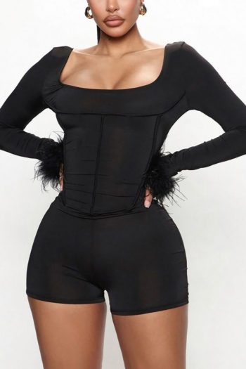 autumn new feather decor high stretch square collar backless stylish sexy slim playsuit