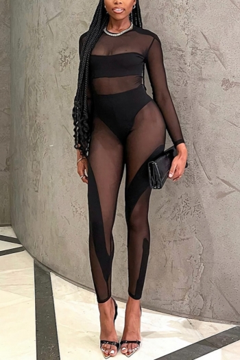 early autumn new see through mesh stitching high stretch zip-up back sexy skinny jumpsuit