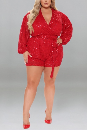 xl-5xl plus size summer new 5 colors slight stretch sequin v-neck with belt stylish playsuit