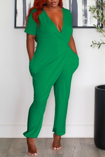 summer new stylish 3 colors solid color plus size deep v slight stretch pocket sexy jumpsuit