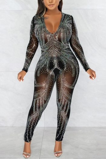 autumn new stylish 3-colors rhinestone mesh see-through slight stretch plus size zip-up deep v high quality sexy jumpsuit(with panties)