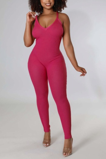 summer new stylish 6-colors solid color plus size slight stretch slim sling ribbed knit casual jumpsuit