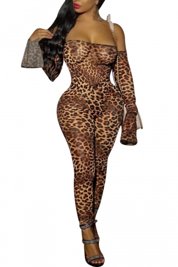 autumn new plus size two colors leopard printing high stretch off shoulder bell-sleeve zip-up sexy slim jumpsuit