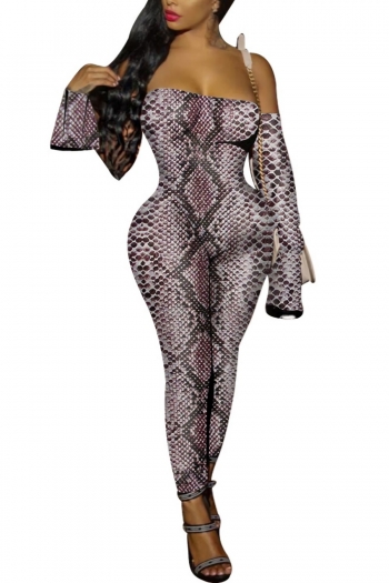 autumn new plus size snake printing high stretch off shoulder bell-sleeve zip-up sexy skinny jumpsuit