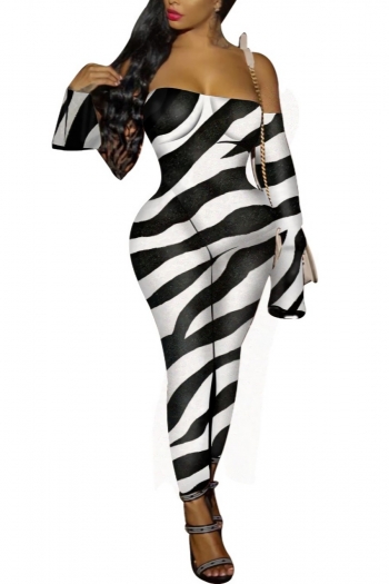 autumn new plus size zebra stripe printing high stretch off shoulder bell-sleeve zip-up sexy skinny jumpsuit
