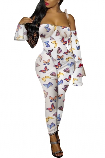 autumn new plus size butterfly batch printing high stretch off shoulder bell-sleeve zip-up sexy skinny jumpsuit