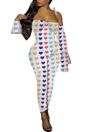 autumn new plus size heart pattern printing high stretch off shoulder bell-sleeve zip-up sexy skinny jumpsuit