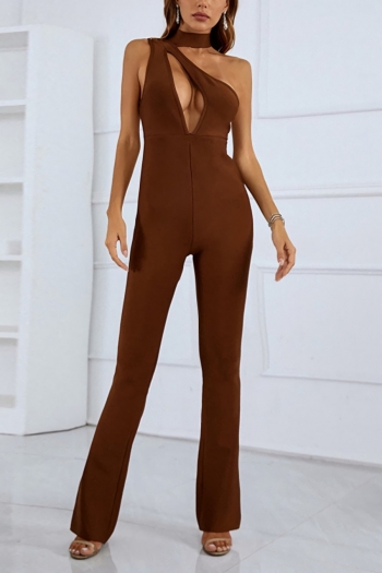 early autumn new stylish solid color hollow zip-up slight stretch backless high-quality hot sexy jumpsuit