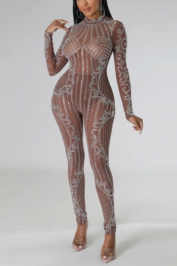 plus size rhinestone high quality see-through long sleeve zip-up jumpsuit(without underwear)