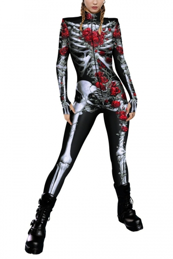 halloween new rose skull printing slight stretch slim zip-up thumb hole stylish jumpsuit