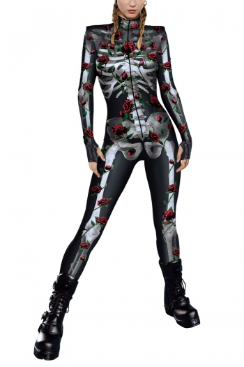 halloween new roses skull printing slight stretch slim zip-up thumb hole long sleeves stylish jumpsuit