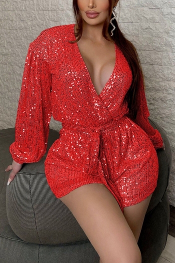 autumn new stylish solid color 4-colors sequin belt deep v slight stretch plus size lantern sleeve sexy playsuit