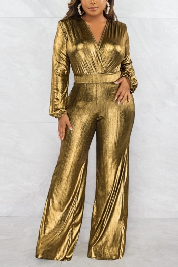 autumn new stylish solid color slight stretch 3 colors plus size deep v holographic fabric sexy wide leg jumpsuit