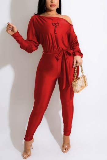 autumn new 5 colors letter fixed printing stretch off-the-shoulder long sleeves with belt stylish jumpsuit