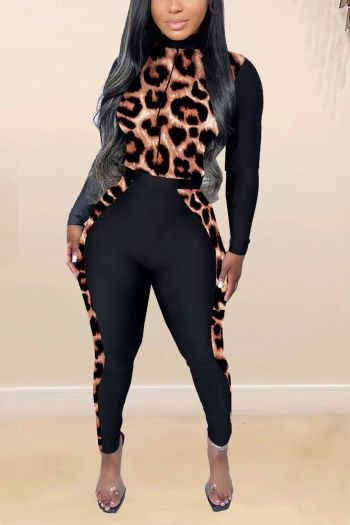 l-3xl plus size stretch slim leopard printing zip-up casual jumpsuit