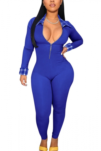 plus size slight stretch ribbed knit plaid printing spliced zip-up sexy jumpsuit