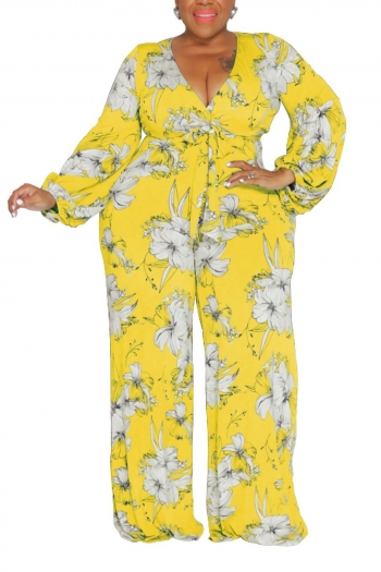 xl-5xl plus-size stretch 6 colors flower batch printing jumpsuit(with belt)