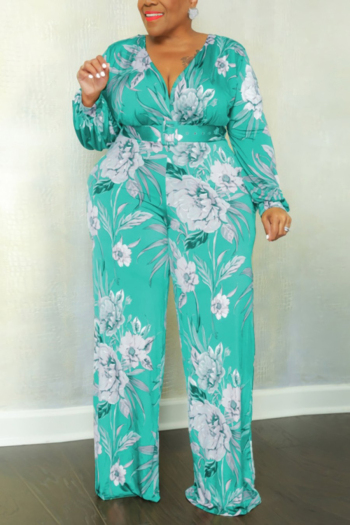 xl-5xl plus-size stretch flower batch printing with adjustable belt jumpsuit