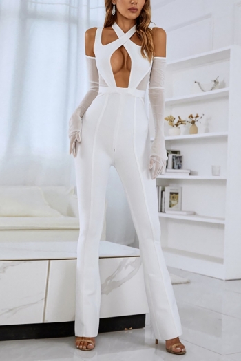 High stretch mesh patchwork see-through hollow zip-up sexy jumpsuit