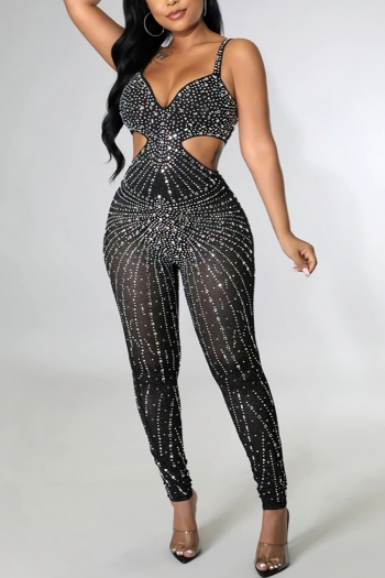 plus size mesh patchwork see-through rhinestone hollow zip-up sexy jumpsuit