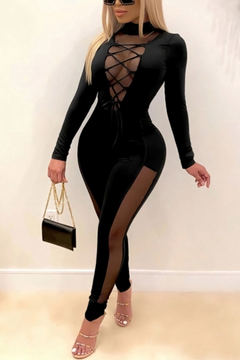 plus size 4 colors stretch mesh stitching backless tied sexy skinny jumpsuit