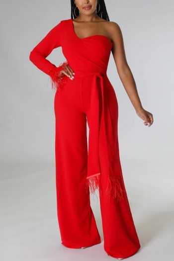 plus size 3 colors stretch feather one shoulder with belt stylish jumpsuit