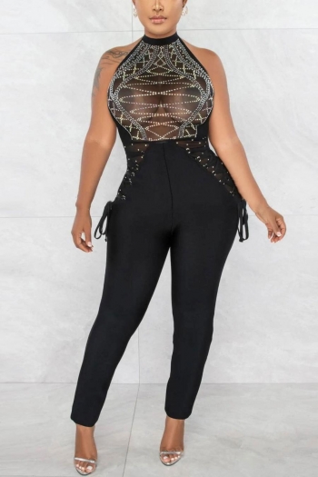 plus size stretch rhinestone mesh stitching lace-up zip-up sexy jumpsuit