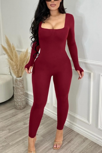 plus size 6 colors slight stretch square-neck backless sexy skinny jumpsuit