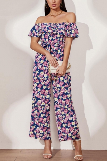 xs-l floral batch printing ruffle off-the-shoulder non-stretch stylish jumpsuit