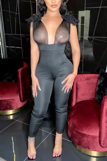 plus size solid color see through mesh spliced stretch backless sexy jumpsuit
