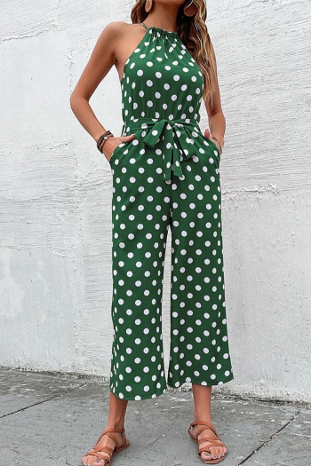non-stretch polka dot printing pocket belt sleeveless stylish casual jumpsuit