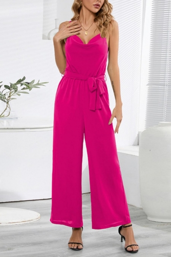 plus size slight stretch solid color sling backless belt sexy straight jumpsuit
