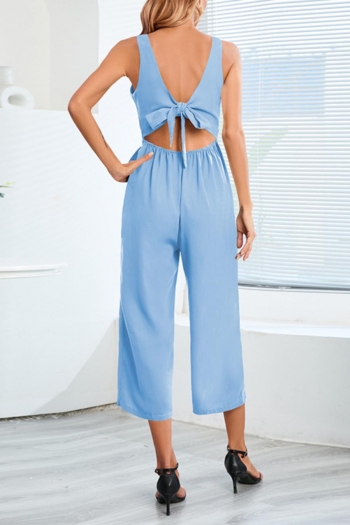 plus size non-stretch solid color button hollow stylish straight jumpsuit