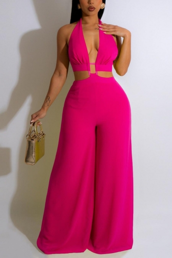 plus size slight stretch solid color halter neck backless sexy wide leg jumpsuit