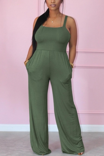 plus size casual slight stretch solid color sling with pocket jumpsuit