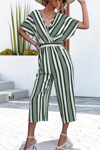 casual plus size non stretch contrast color stripe printing v-neck jumpsuit (without belt)